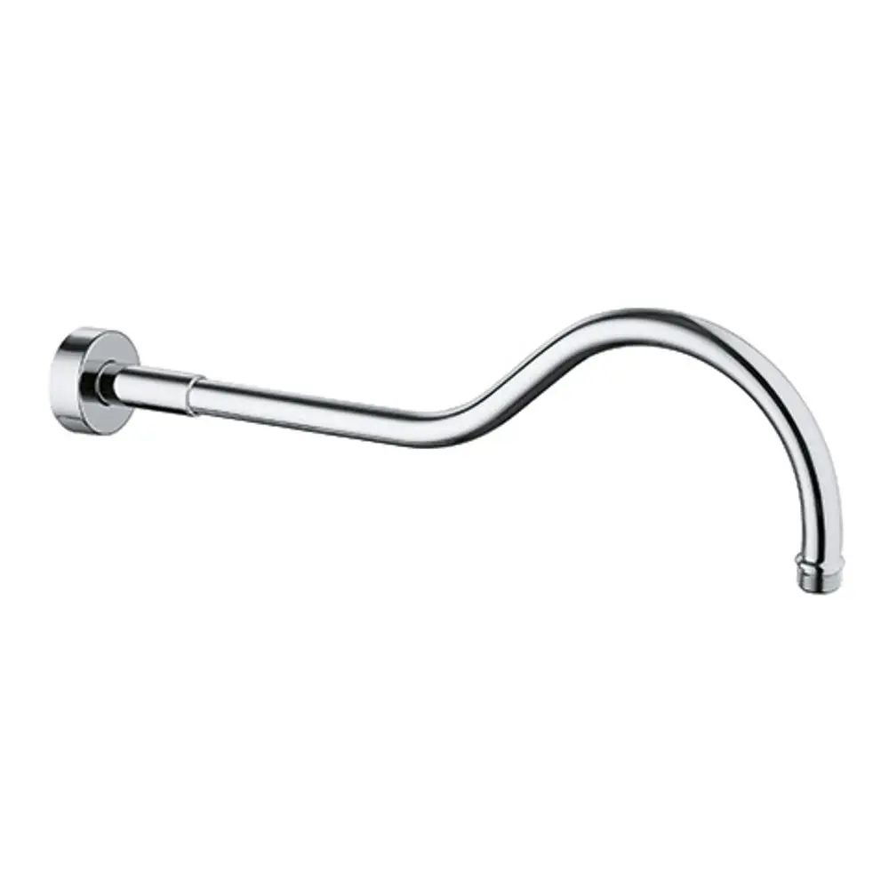 Glänzender Brausearm aus chromatiertem Metall, geformt mit einem sanften Bogen, zur Wandmontage geeignet. Bestandteil der Kludi Produktlinie.
